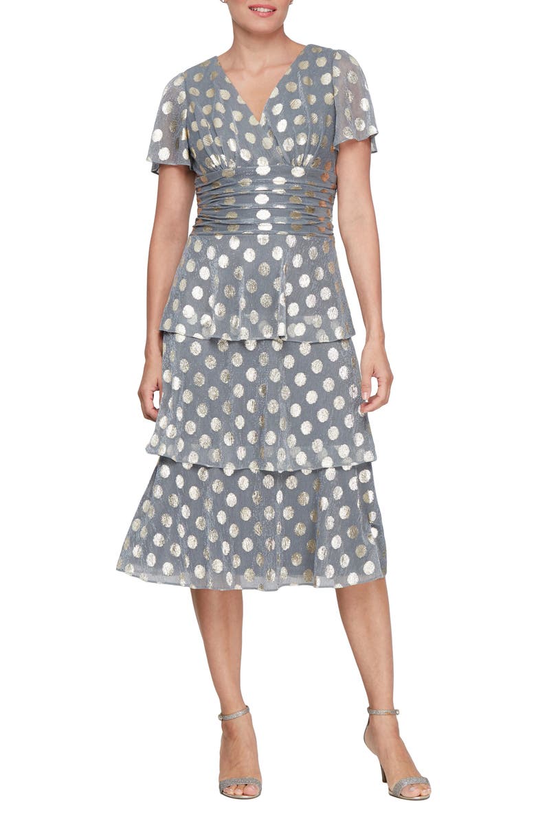 SL FASHIONS Metallic Polka Dot Tiered Maxi Dress, Main, color,
