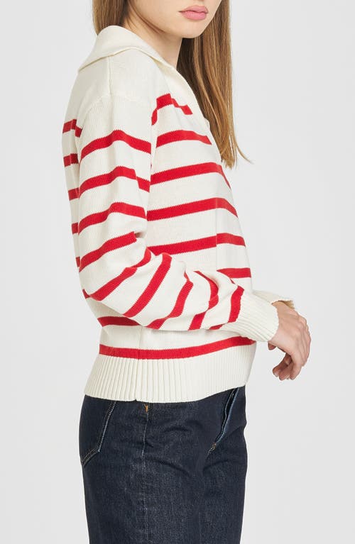 Wayf Port Stripe Johnny Collar Cotton Sweater In Ivory Red