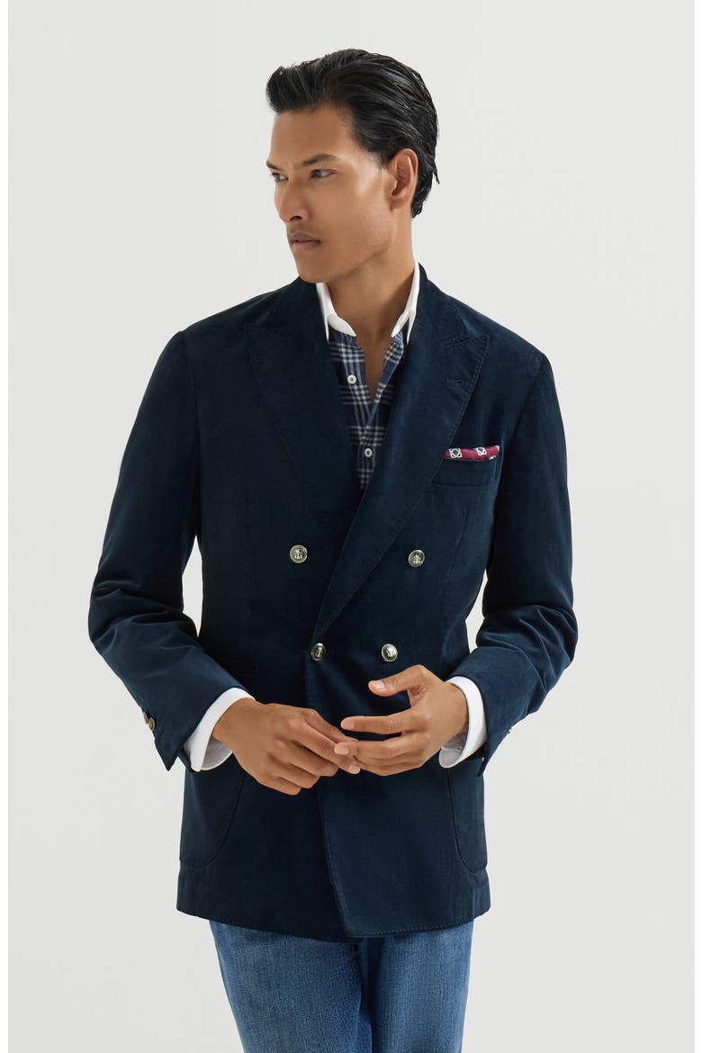 Sea Island cotton narrow wale corduroy one-and-a-half breasted deconstructed blazer with patch pockets, Main, color, Blue