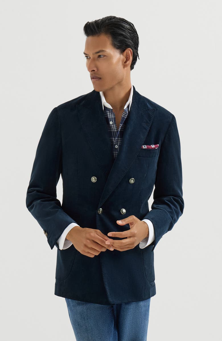 Brunello Cucinelli Sea Island cotton narrow wale corduroy one-and-a-half breasted deconstructed blazer with patch pockets, Main, color, Blue