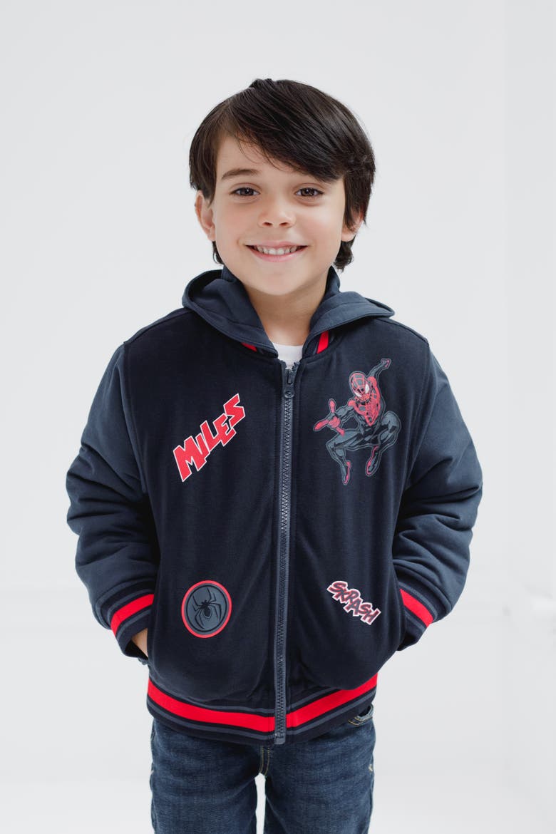Spider-Man Varsity Hooded Bomber Jacket, Alternate, color, Black Miles Morales