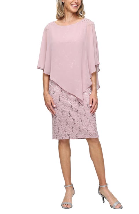 Chiffon Capelet Floral Lace Cocktail Dress (Petite)