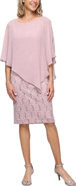 SL FASHIONS Chiffon Capelet Floral Lace Cocktail Dress