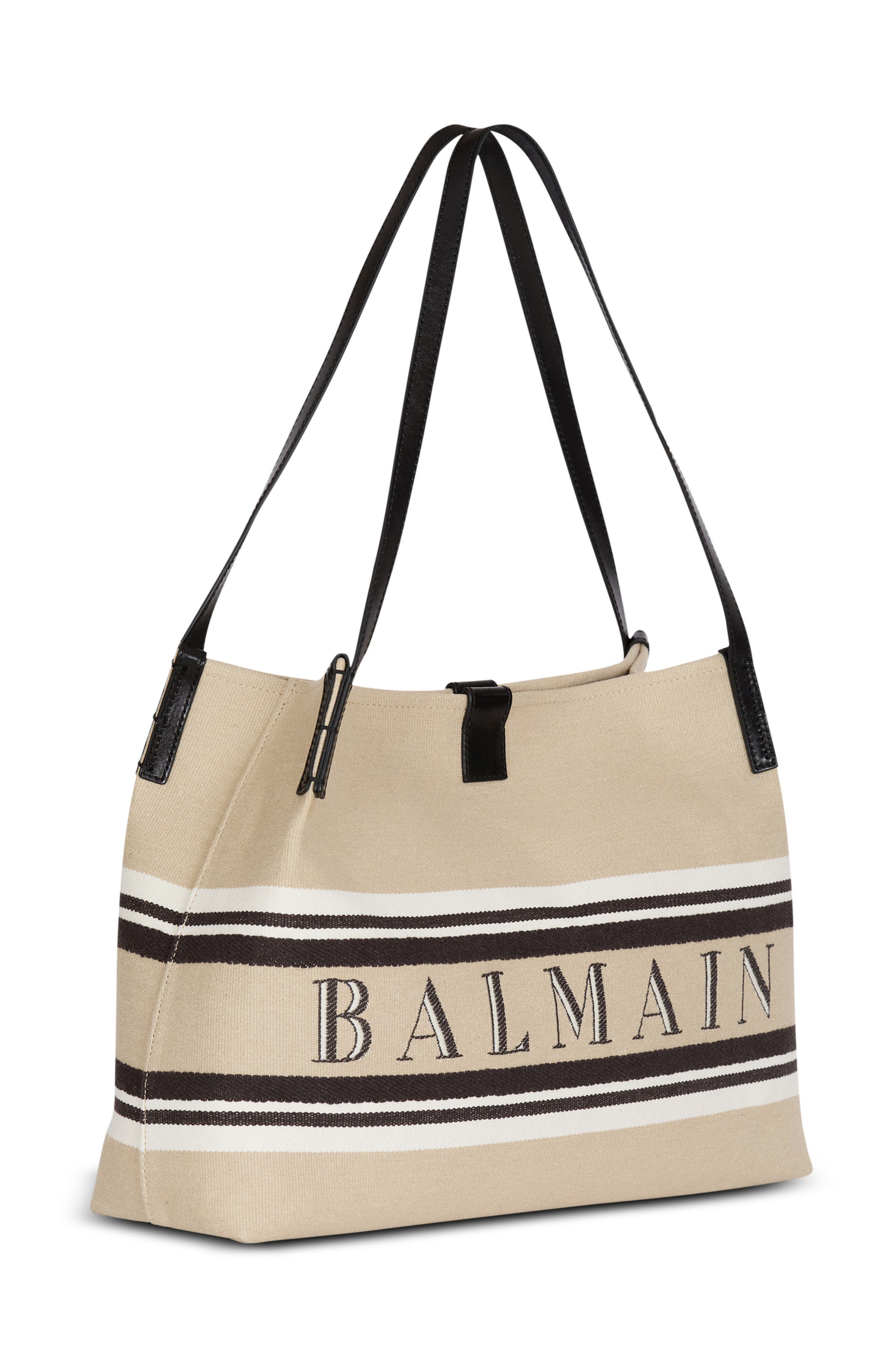 Balmain Medium Release Shopper bag in canvas and calfskin, Alternate, color, Beige