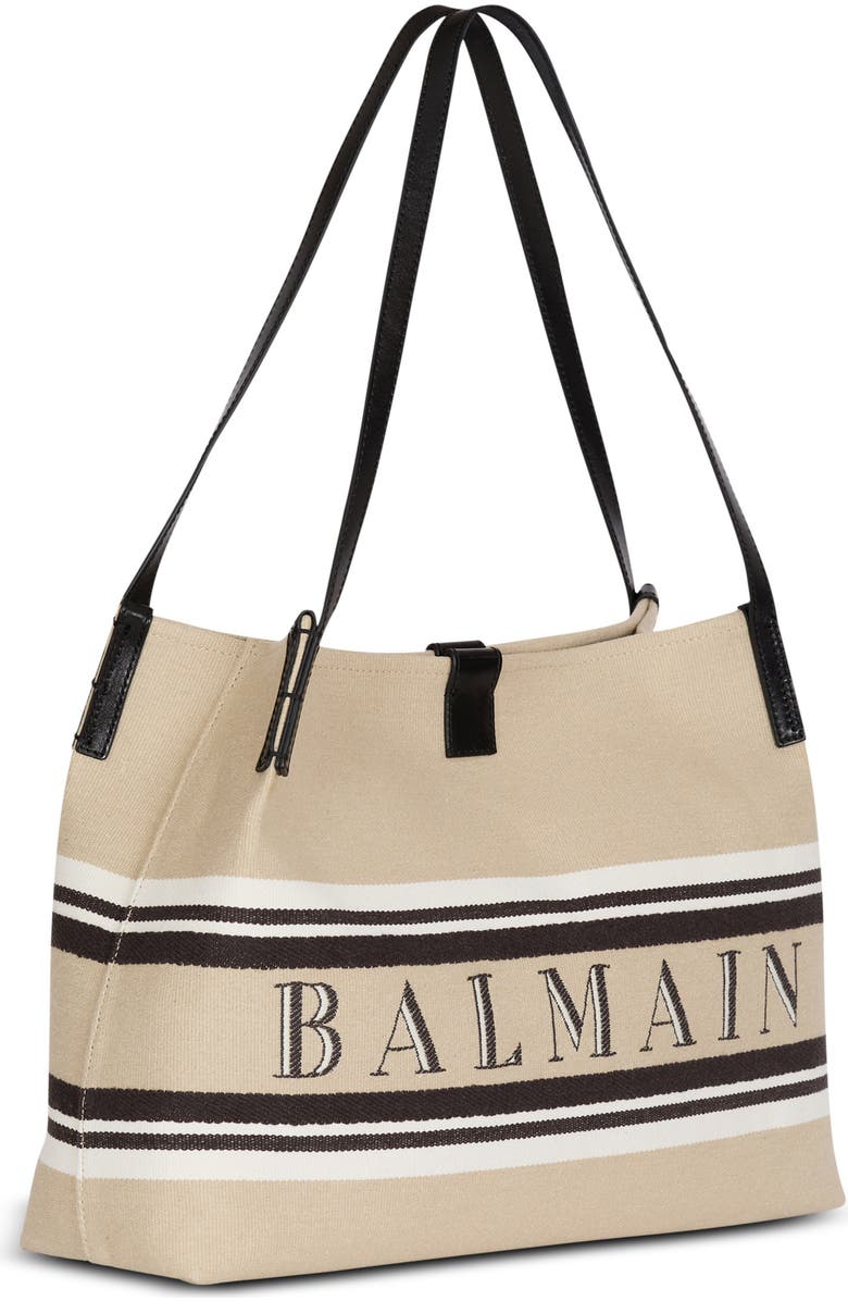 Balmain Medium Release Shopper bag in canvas and calfskin, Alternate, color, Beige