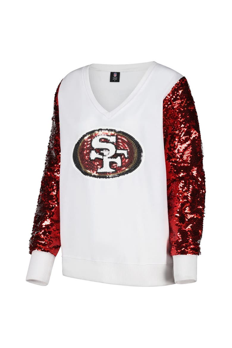 Women's Cuce White San Francisco 49ers Sequin Sleeve V-Neck Pullover Sweatshirt, Alternate, color, White