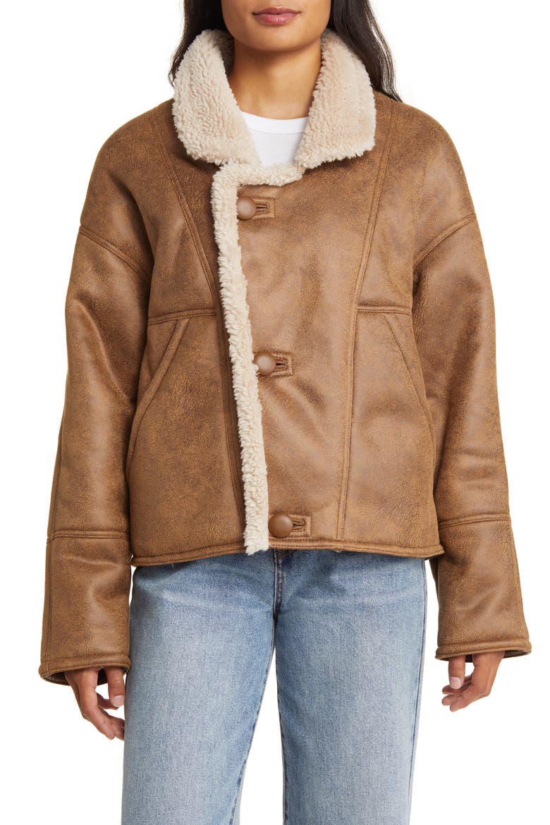 Faux Shearling Moto Jacket, Main, color, COGNAC