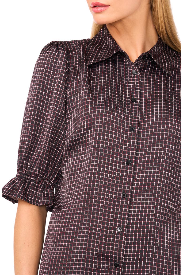 Geo Print Elbow Sleeve Button-Up Satin Shirt, Alternate, color, RICH BLACK