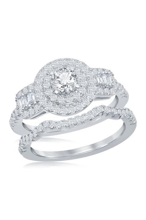 Sterling Silver CZ Engagement Ring & Wedding Band Set