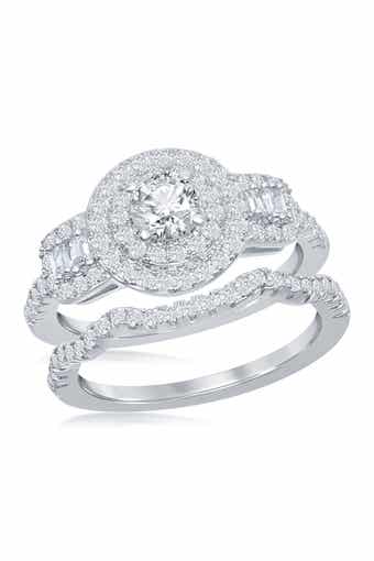 SIMONA Sterling Silver CZ Engagement Ring & Wedding Band Set
