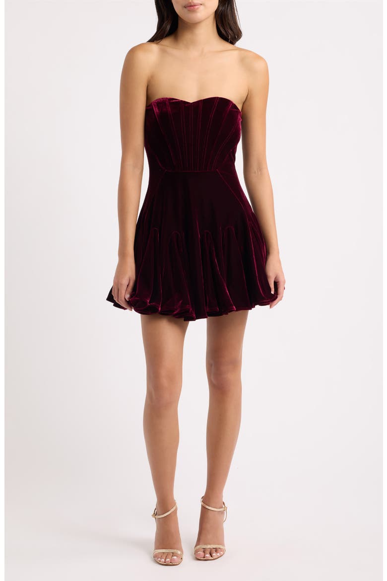 Zarae Corset Strapless Velvet Minidress, Main, color, MERLOT