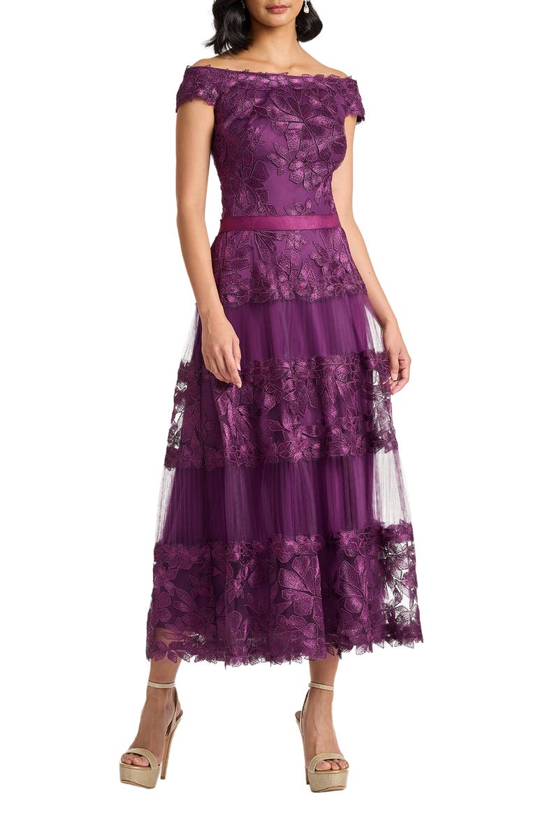 Embroidered Off the Shoulder Midi Dress, Main, color, BEGONIA