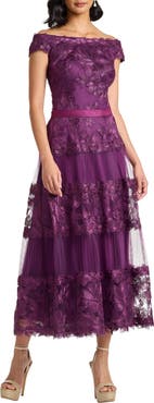 Tadashi Shoji Embroidered Off the Shoulder Midi Dress