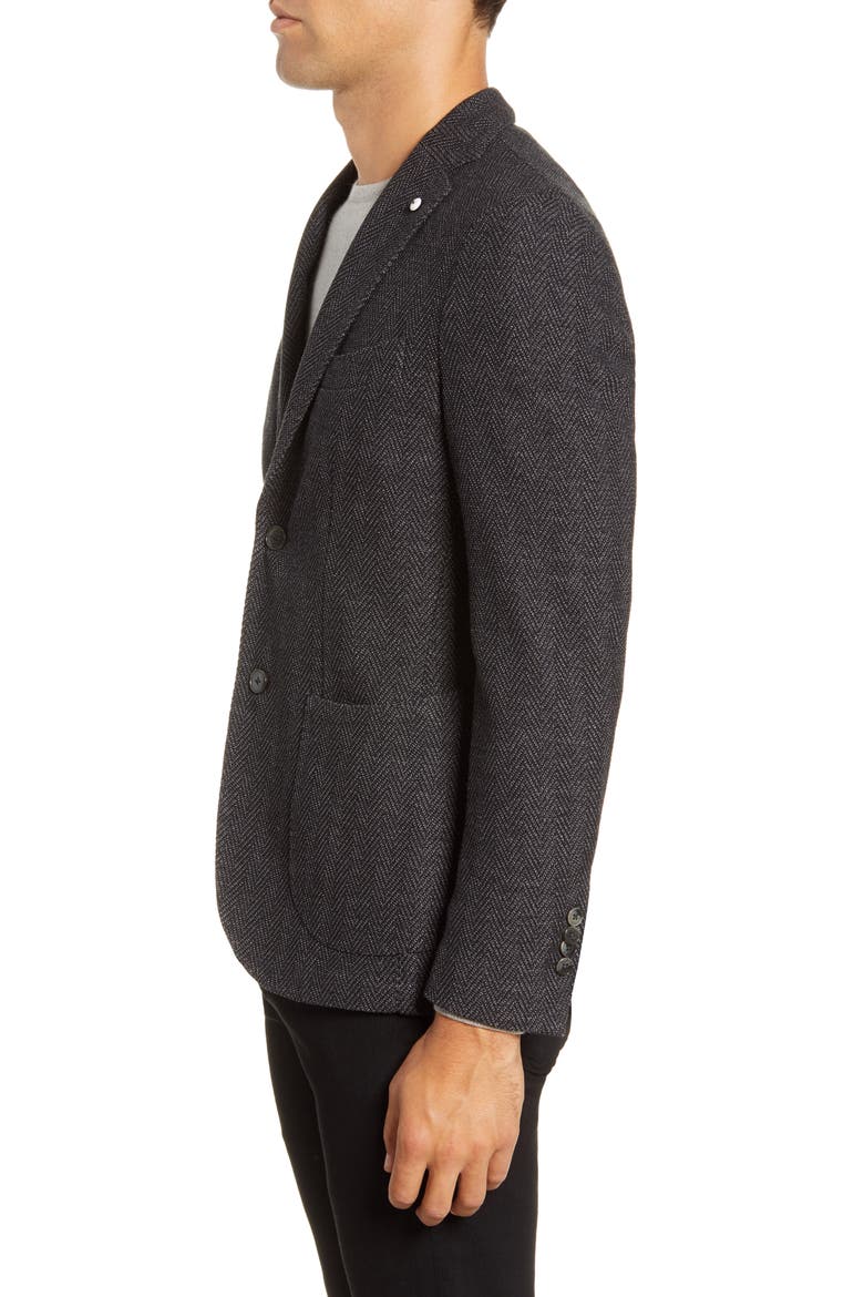 Trim Fit Herringbone Wool & Cotton Sport Coat, Alternate, color, BLACK