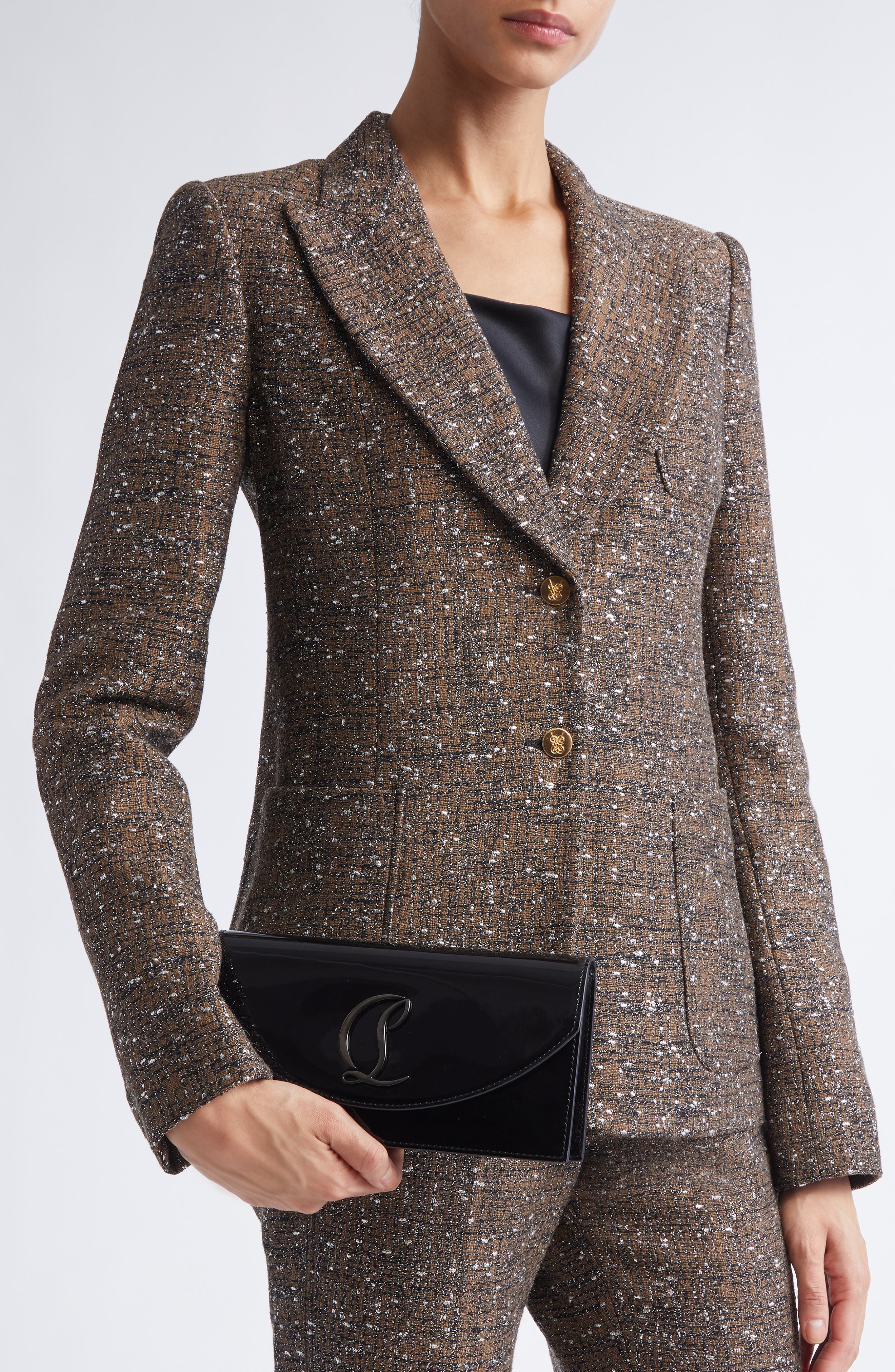 Christian Louboutin Loubi54 Patent Leather Clutch, Alternate, color, Black/ Gun Metal