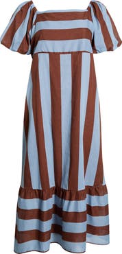 SUGARLIPS Evabella Xena Stripe Puff Sleeve Cotton Maxi Dress