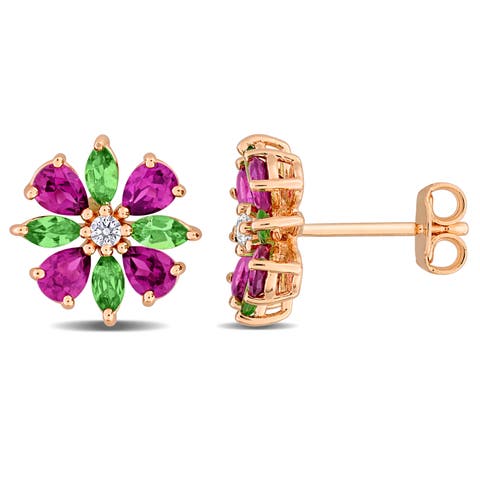 Gemstone Flower Stud Earrings Rose-Plated Silver