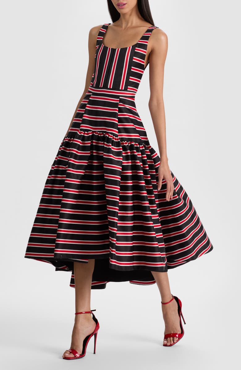 Alice + Olivia Diana Directional Stripe Structured Cotton Blend Dress, Alternate, color, Teakwood Stripe Large Black