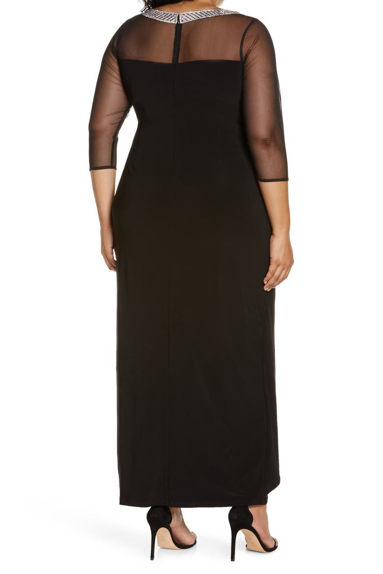 Illusion Sleeve Side Ruched Gown, Alternate, color, BLACK