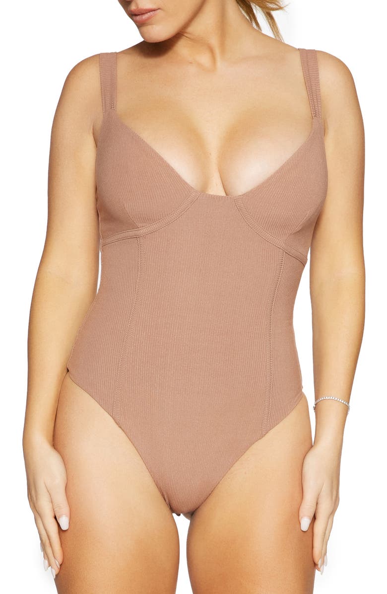 Naked Wardrobe Faux Bustier Ribbed Bodysuit, Main, color, Coco