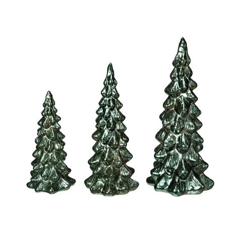 Glass Christmas Trees with LED, Green, Set of 3