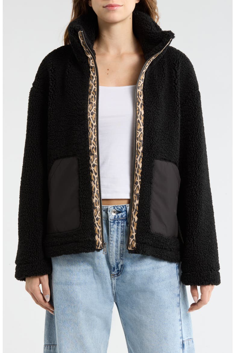 Faux Shearling Full Zip Jacket, Main, color, BLACK LEOPARD