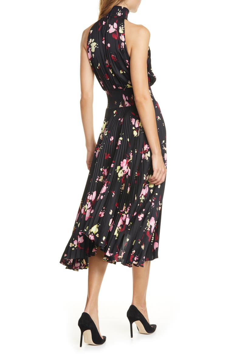 Renzo Floral Pleated Midi Dress, Alternate, color, BLACK/ PINK/ YUZU