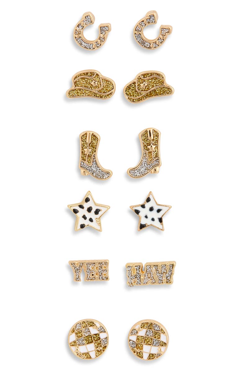Leith 6-Pack Cowboy Stud Earrings Set, Main, color, Clear- Gold- Silver