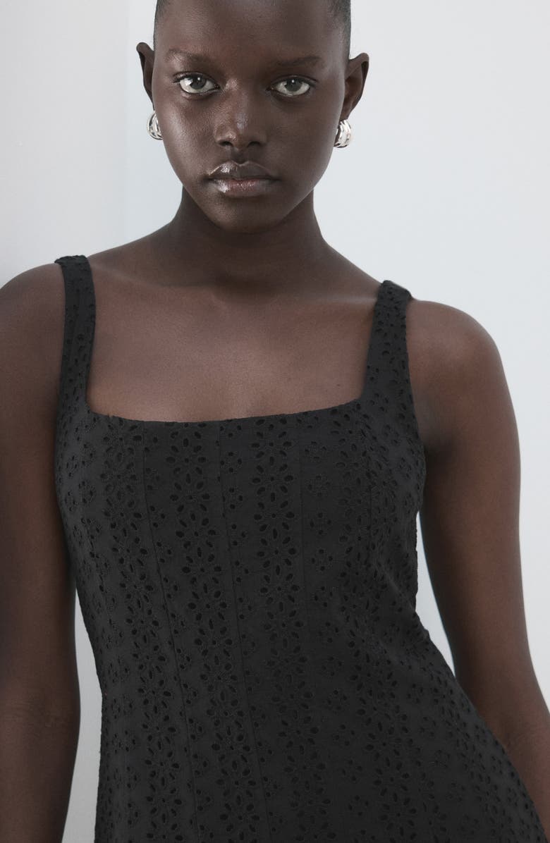 MANGO Square Neck Cotton Eyelet Dress, Alternate, color, Black
