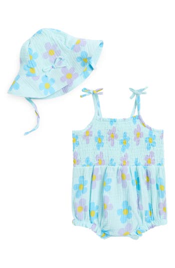 Shop Jessica Simpson Cotton Gauze Bubble Romper & Bucket Hat In Aqua