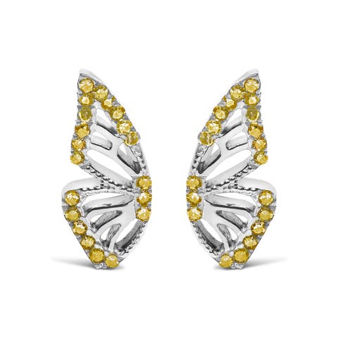925 Sterling Silver 1/6ct TDW  Yellow Treated Diamond Butterfly Earrings
