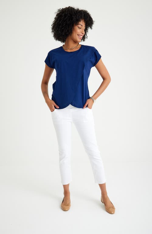 Accouchée Crossover Short Sleeve Cotton Maternity/nursing Top In Navy