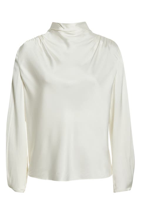 Drape Cowl Neck Long Sleeve Silk Blend Top