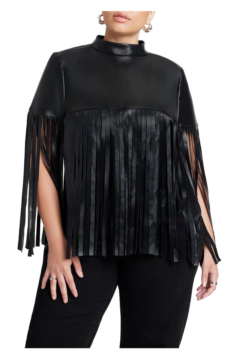 ELOQUII Faux Leather Fringe Cape, Main, color, Black Onyx