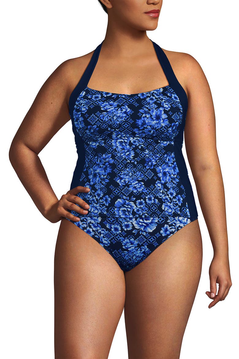 Seamed Halter Tankini Top, Alternate, color, Deep Sea Navy Mosaic Floral