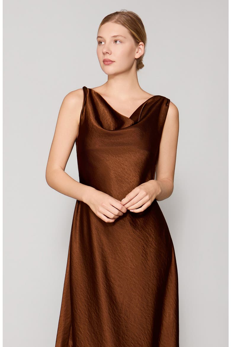 Drape Front Satin Midi Dress, Alternate, color, BROWN