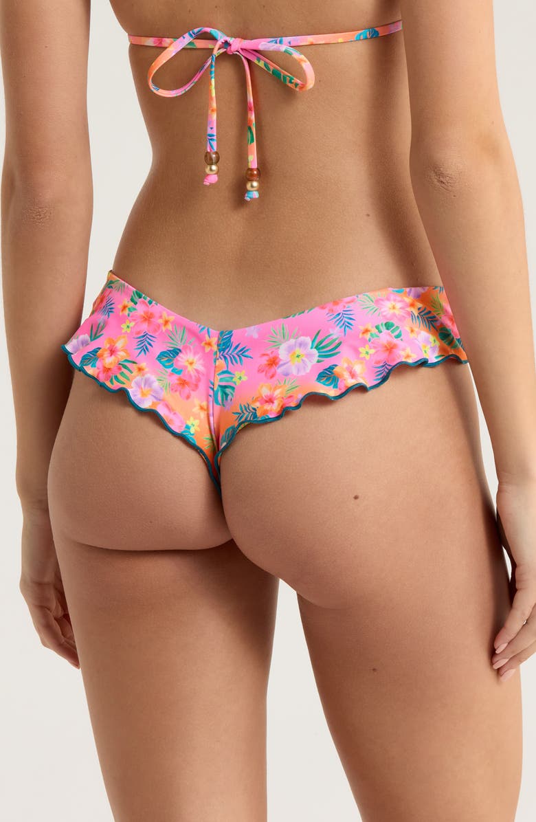 Kulani Kinis Lettuce Trim Thong Bikini Bottoms, Alternate, color, Summer Glow