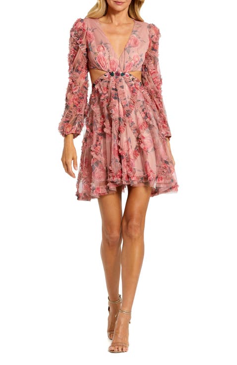 Long Sleee V Neck Cut Out Mesh Mini Dress