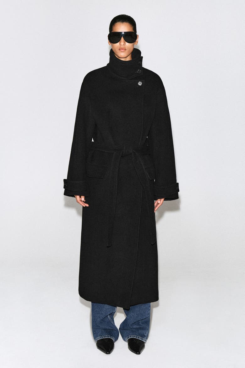 Belted Wool-Blend Mock-Neck Coat, Main, color, BLACK