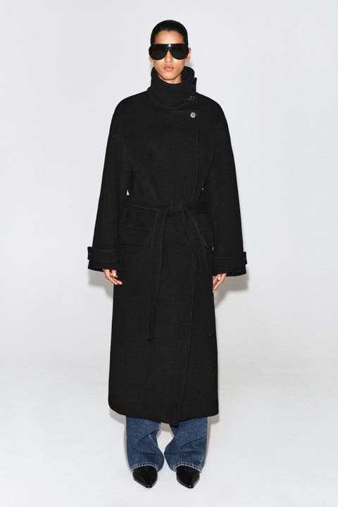 Belted Wool-Blend Mock-Neck Coat