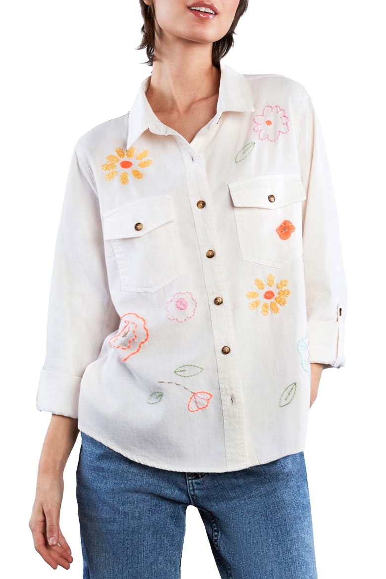 Happy Meadow Embroidered Denim Graphic Button-Up Shirt, Main, color, CLOUD