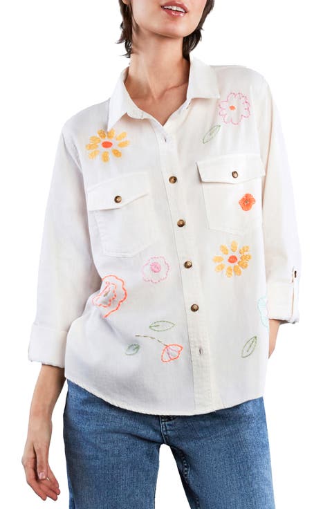 Happy Meadow Embroidered Denim Graphic Button-Up Shirt