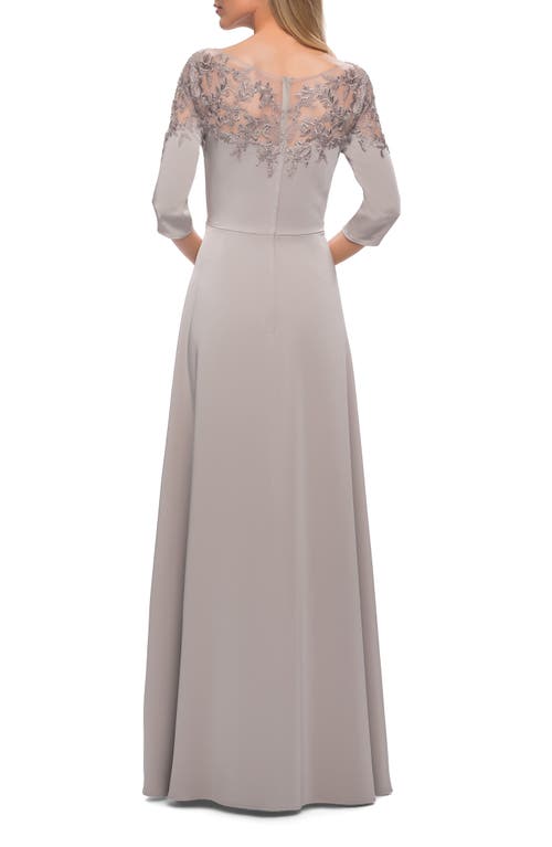 La Femme Jersey Mother Of The Bride Gown With Lace Neckline In Silver