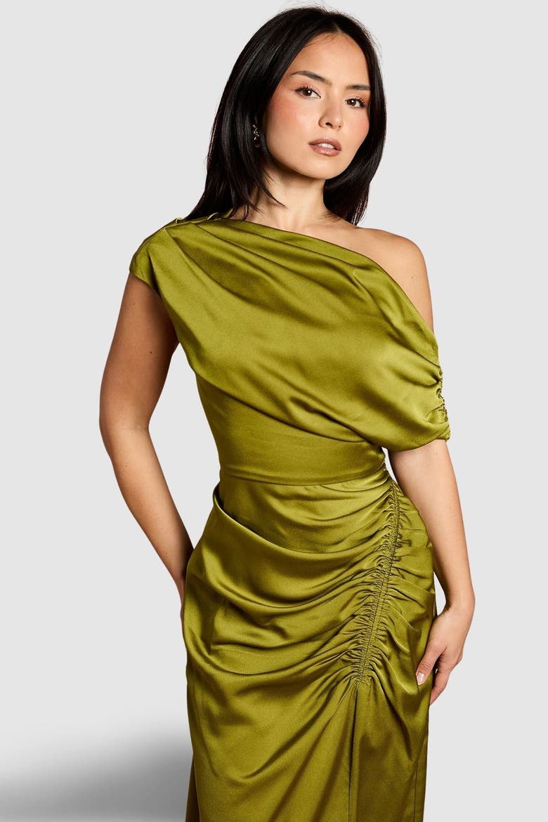 Petite Satin One Shoulder Midi Dress, Alternate, color, Olive