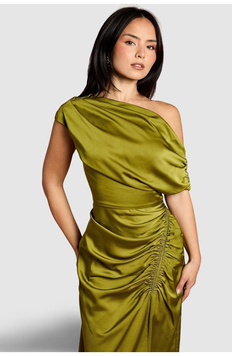 Coast Petite Satin One Shoulder Midi Dress, Alternate, color, Olive