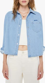 MOTHER The Honor Roll Logo Embroidered Denim Crop Button-Up Shirt