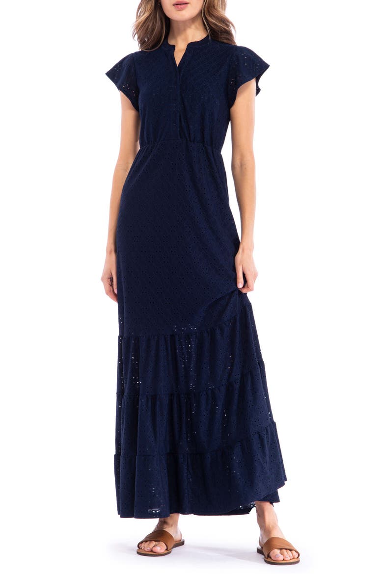 Ruffle Sleeve Tiered Maxi Dress, Main, color, NAVY