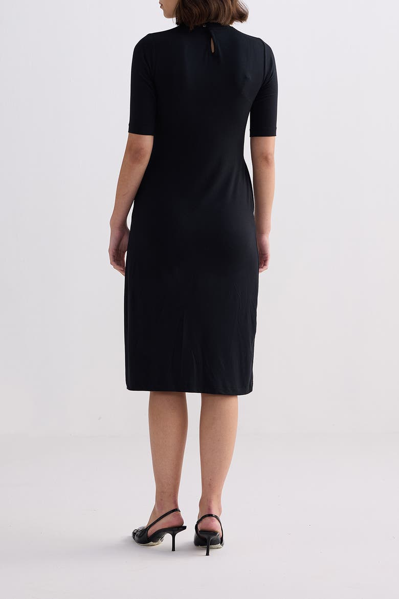 High Crew Neck Fitted Dress with Elbow Sleeves, Alternate, color, Black