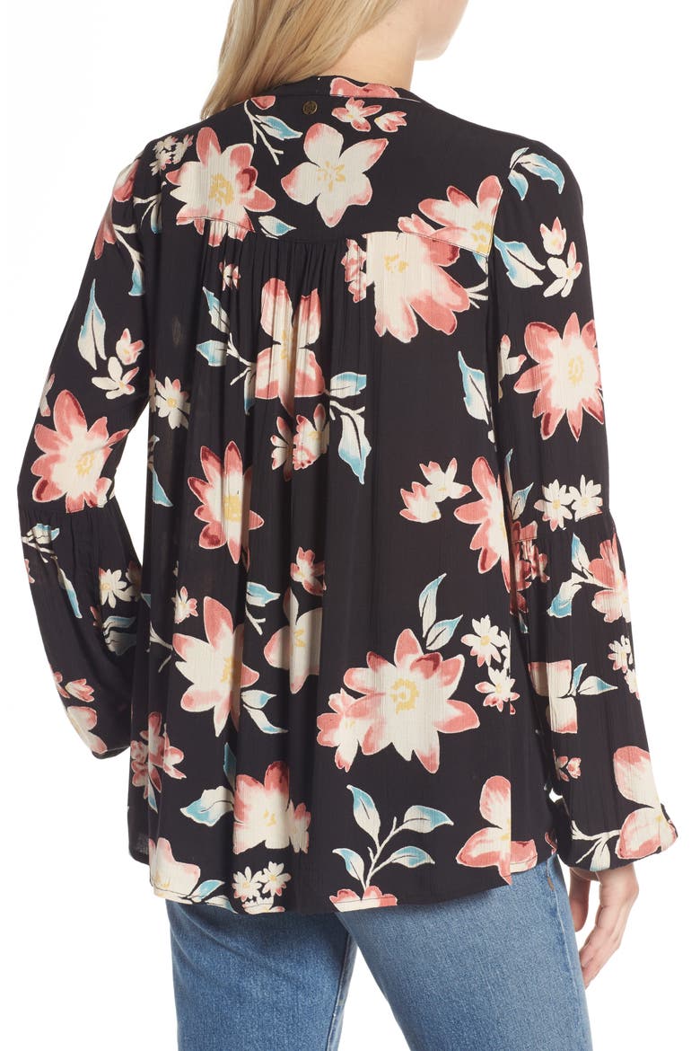 Birds on High Tie Neck Blouse, Alternate, color, OFF BLACK