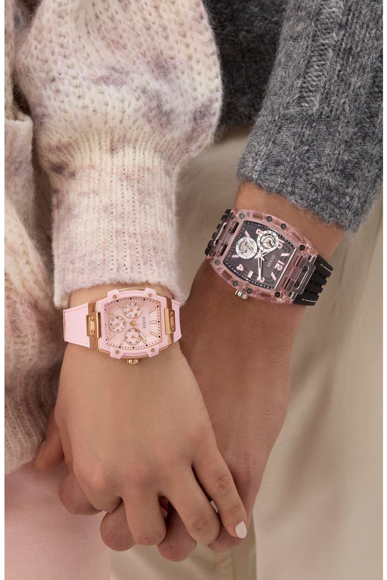 Sporting Pink & Black Multifunction Silicone Strap Watch, 42mm x 43mm, Alternate, color, BLACK